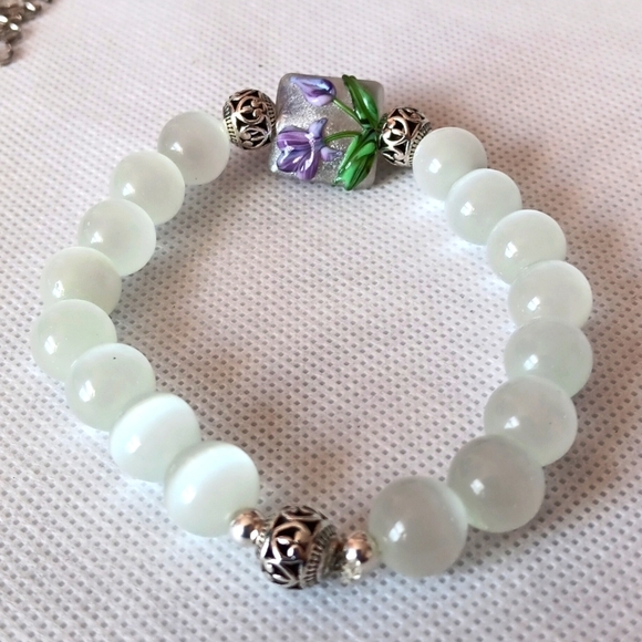 Selenite & Lampwork Regalia Venetian Beaded Stretch Bracelet - Picture 3 of 3